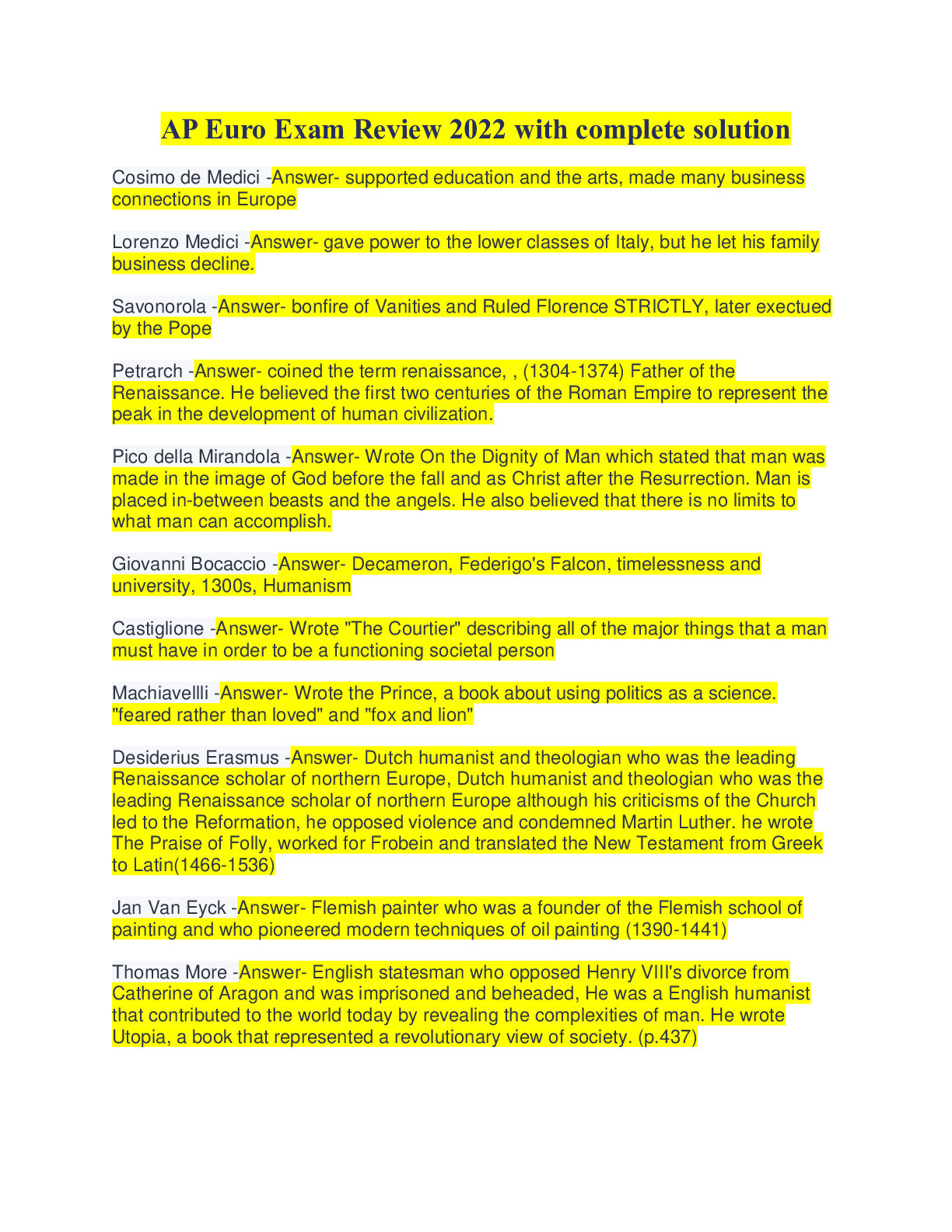 AP Euro Exam Review 2022 with complete solution